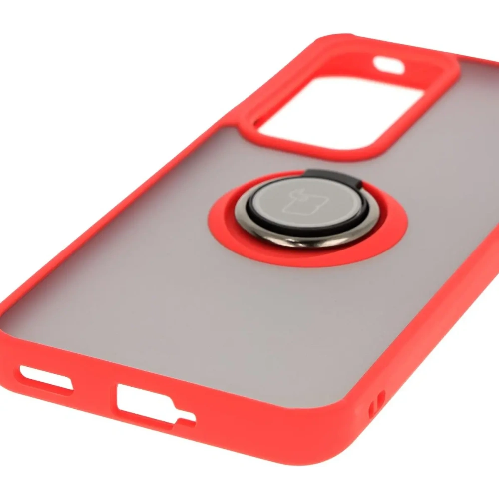 Etui z uchwytem na palec Bizon Case Hybrid Ring do Oppo Reno 12 przydymione z czerwoną ramką