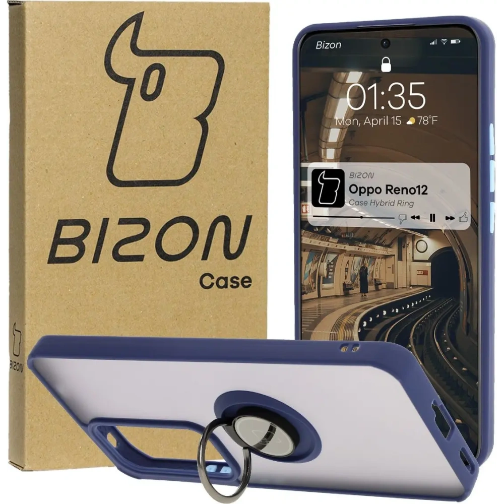 Etui z uchwytem na palec Bizon Case Hybrid Ring do Oppo Reno 12 przydymione z granatową ramką