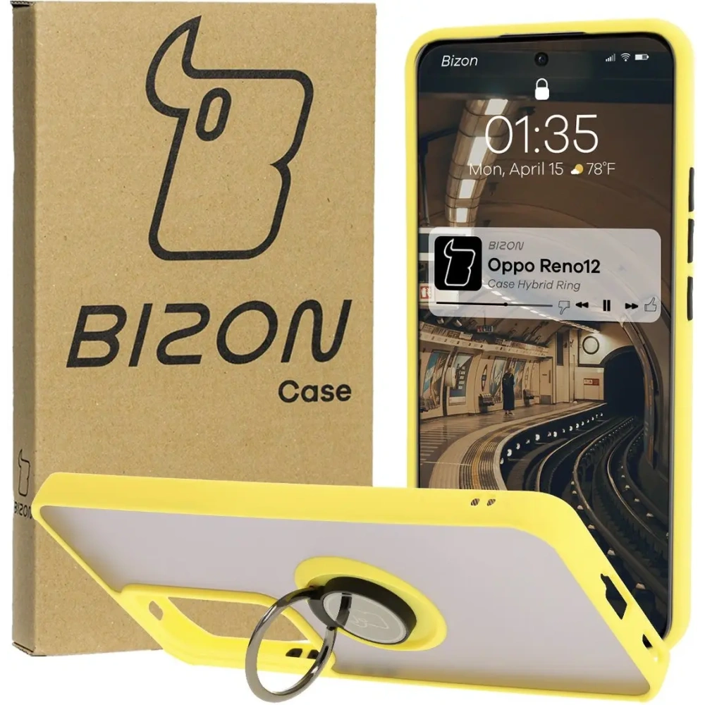 Etui z uchwytem na palec Bizon Case Hybrid Ring do Oppo Reno 12 przydymione z żółtą ramką