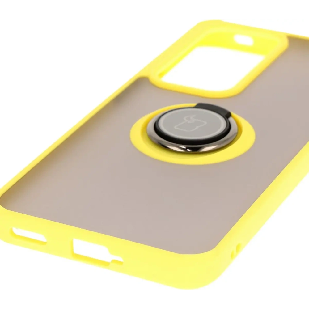 Etui z uchwytem na palec Bizon Case Hybrid Ring do Oppo Reno 12 przydymione z żółtą ramką