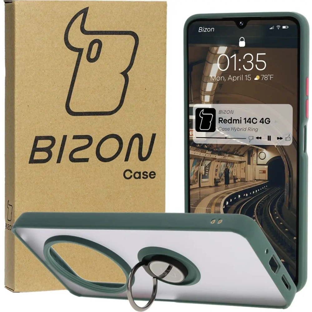 Etui z uchwytem na palec Bizon Case Hybrid Ring do Xiaomi Redmi 14C 4G / POCO C75 przydymione z ciemnozieloną ramką