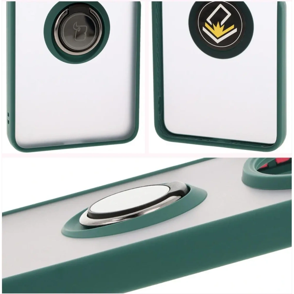 Etui z uchwytem na palec Bizon Case Hybrid Ring do Xiaomi Redmi 14C 4G / POCO C75 przydymione z ciemnozieloną ramką