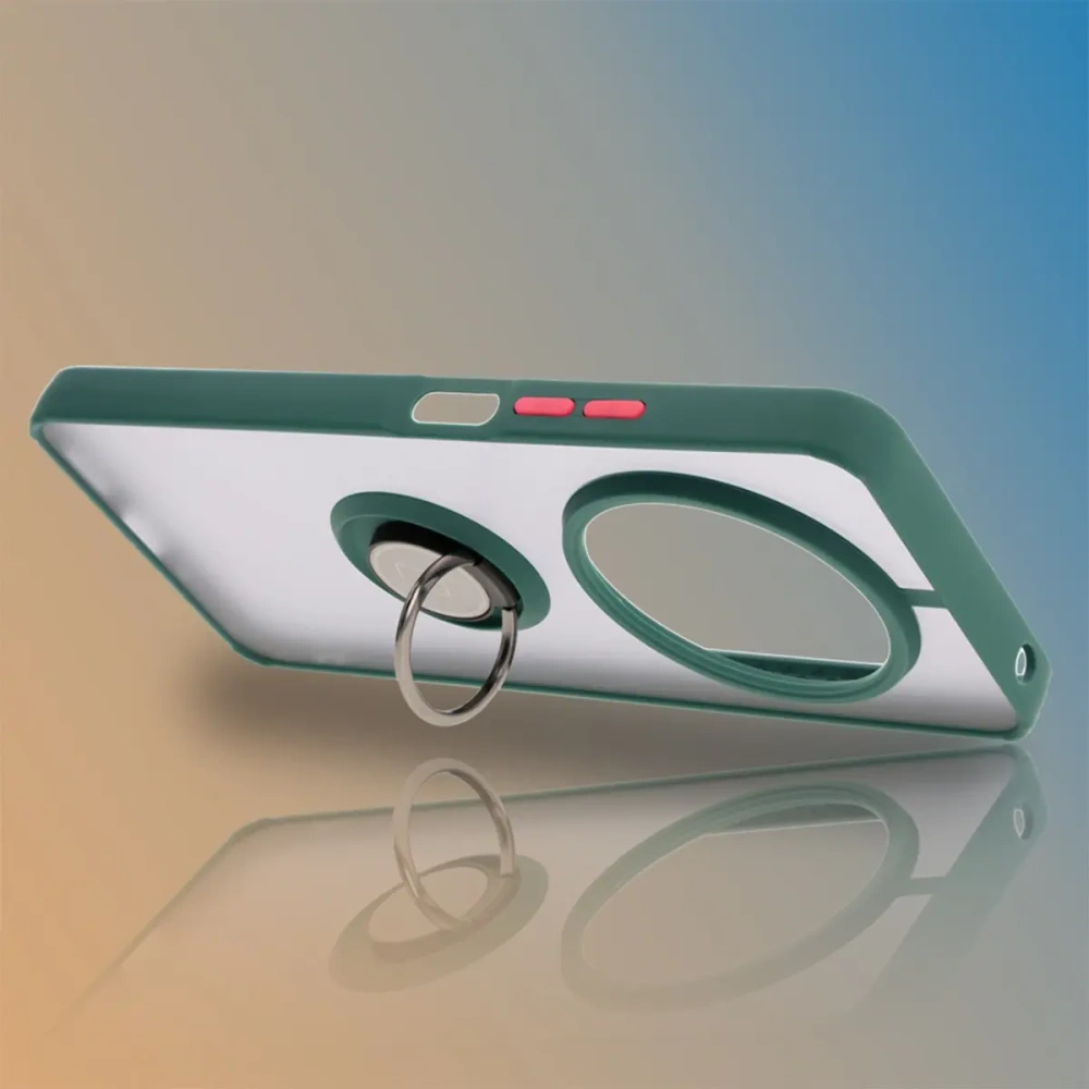 Etui z uchwytem na palec Bizon Case Hybrid Ring do Xiaomi Redmi 14C 4G / POCO C75 przydymione z ciemnozieloną ramką