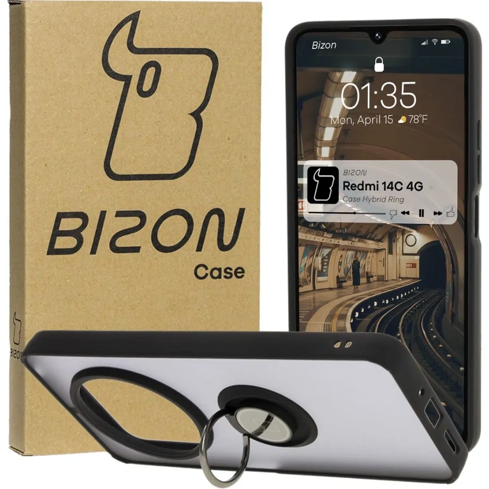 Etui z uchwytem na palec Bizon Case Hybrid Ring do Xiaomi Redmi 14C 4G / POCO C75 przydymione z czarną ramką