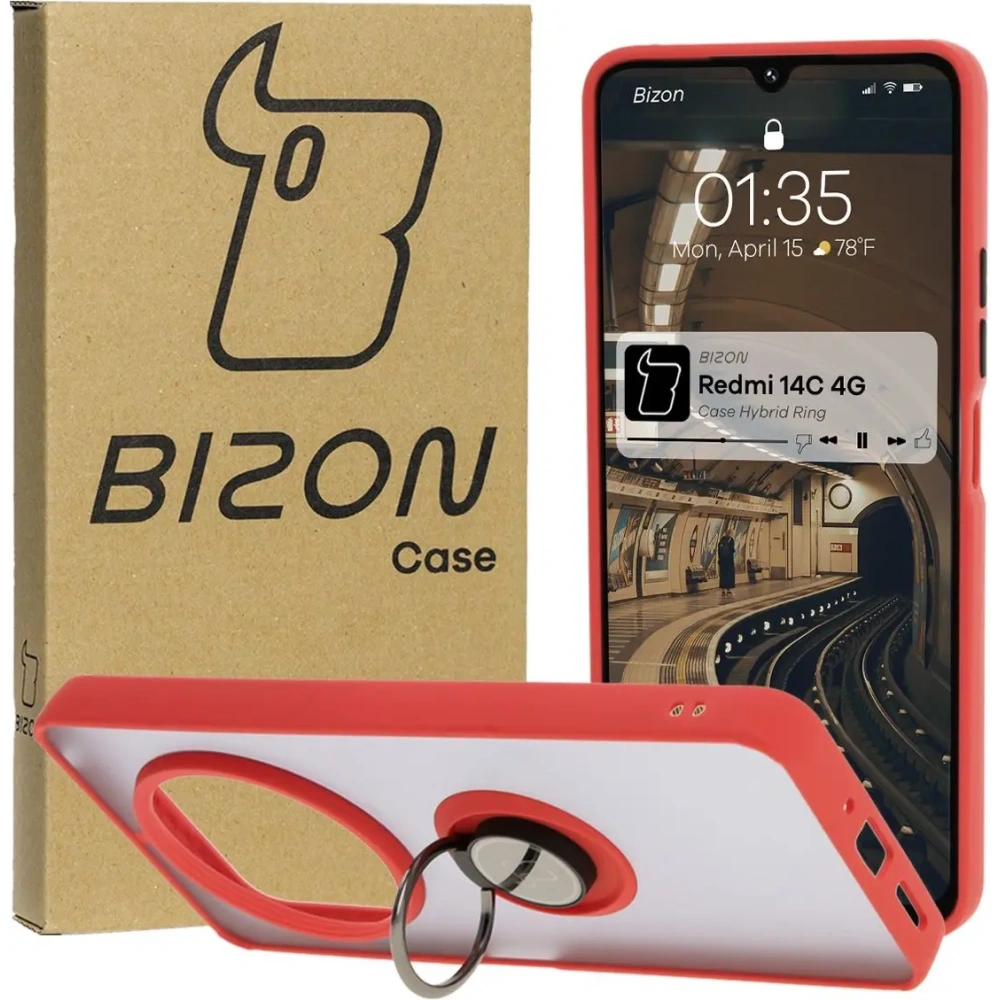 Etui z uchwytem na palec Bizon Case Hybrid Ring do Xiaomi Redmi 14C 4G / POCO C75 przydymione z czerwoną ramką