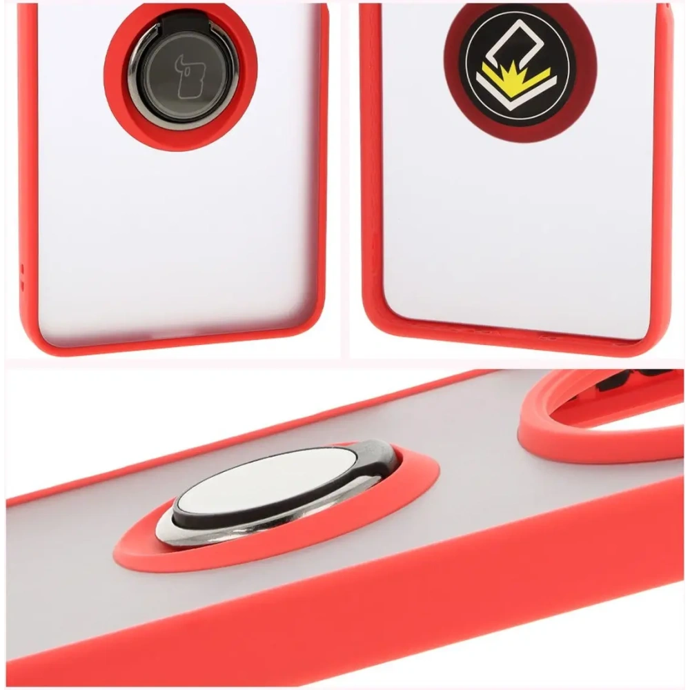 Etui z uchwytem na palec Bizon Case Hybrid Ring do Xiaomi Redmi 14C 4G / POCO C75 przydymione z czerwoną ramką