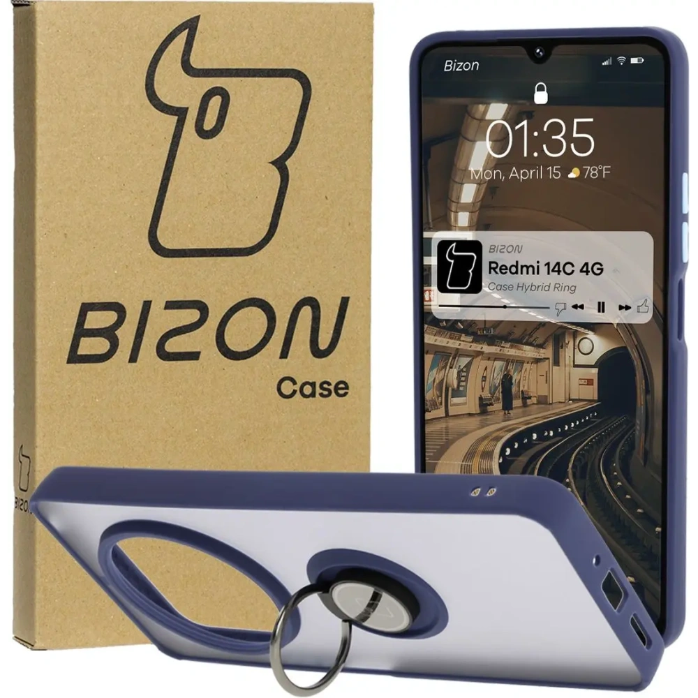 Etui z uchwytem na palec Bizon Case Hybrid Ring do Xiaomi Redmi 14C 4G / POCO C75 przydymione z granatową ramką