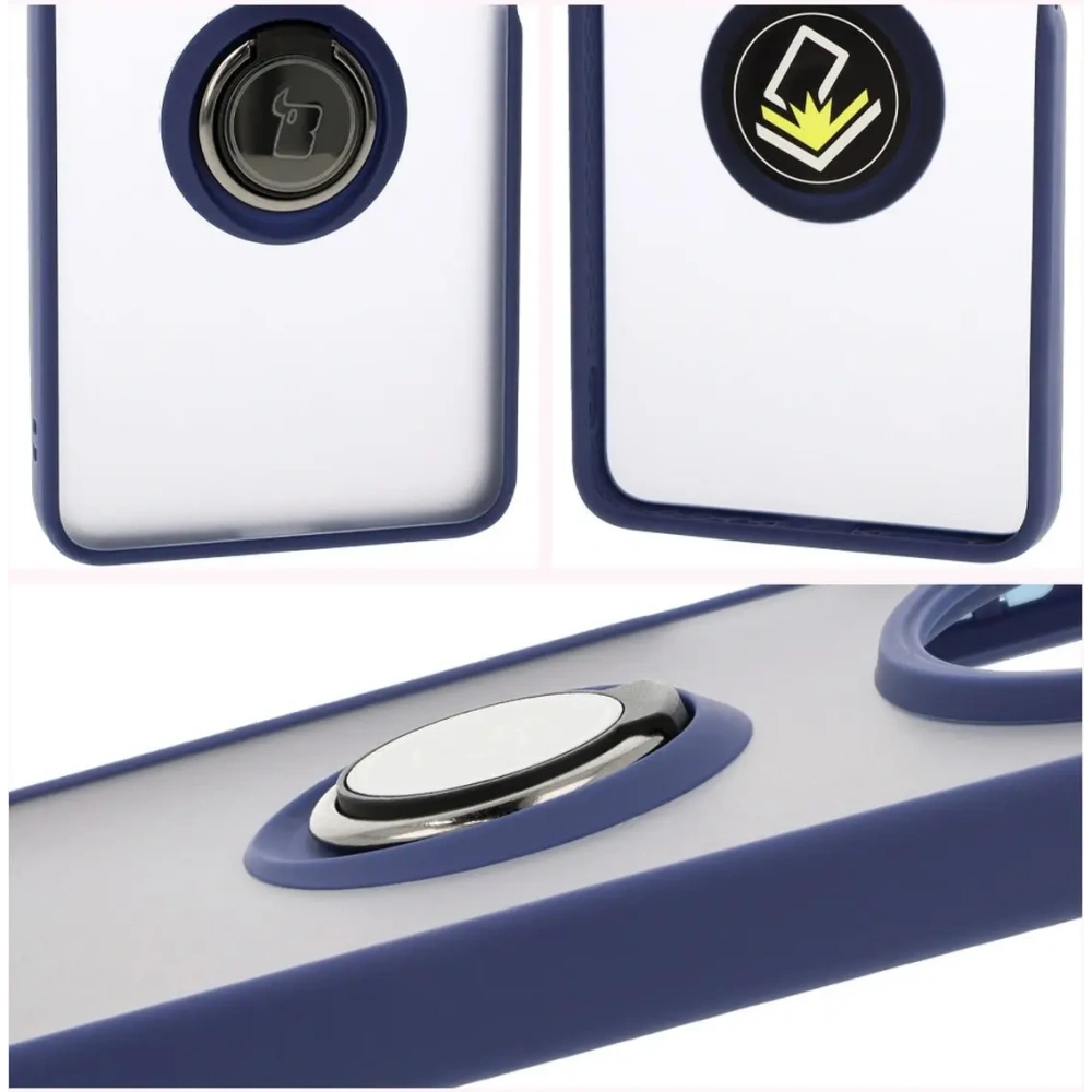 Etui z uchwytem na palec Bizon Case Hybrid Ring do Xiaomi Redmi 14C 4G / POCO C75 przydymione z granatową ramką