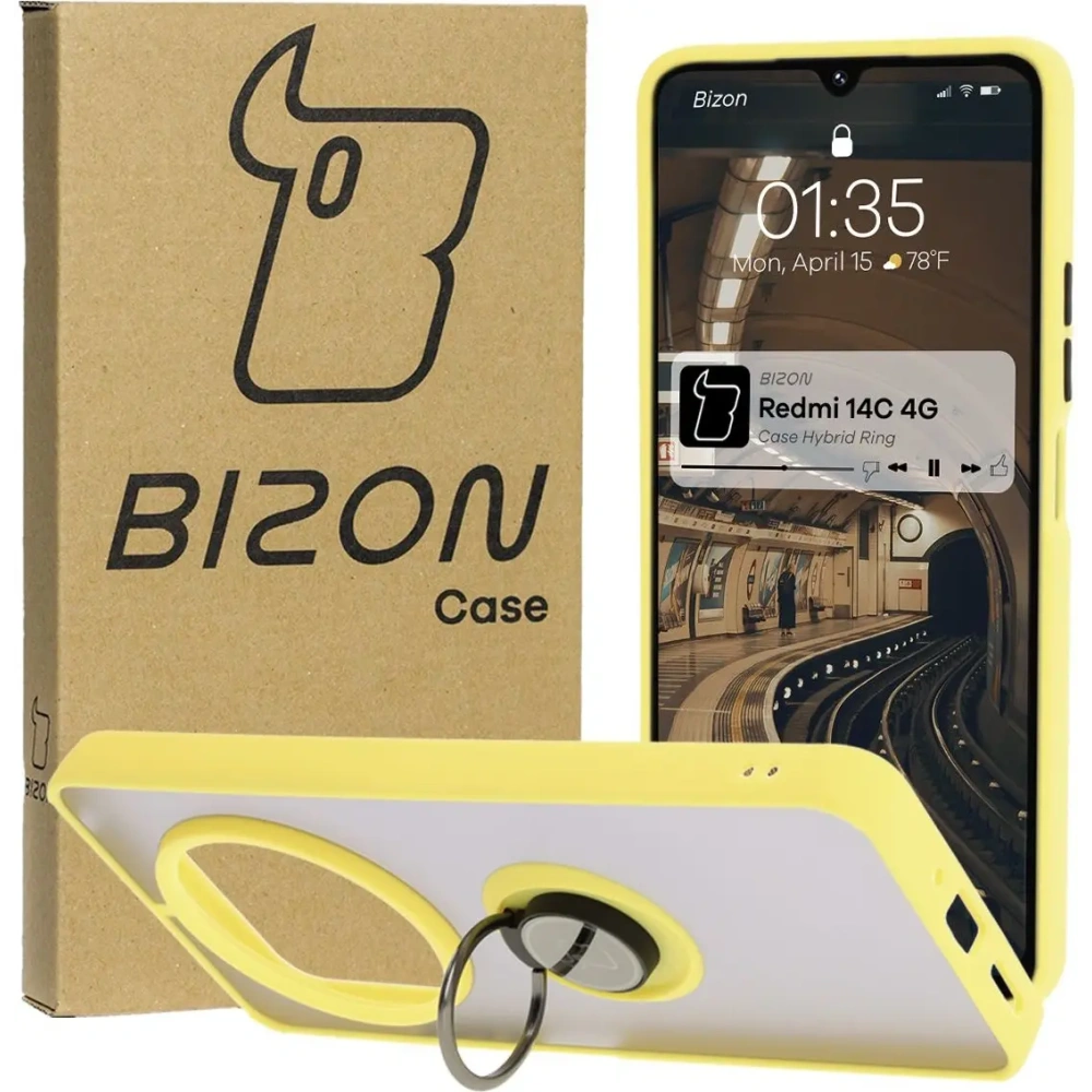 Etui z uchwytem na palec Bizon Case Hybrid Ring do Xiaomi Redmi 14C 4G / POCO C75 przydymione z żółtą ramką