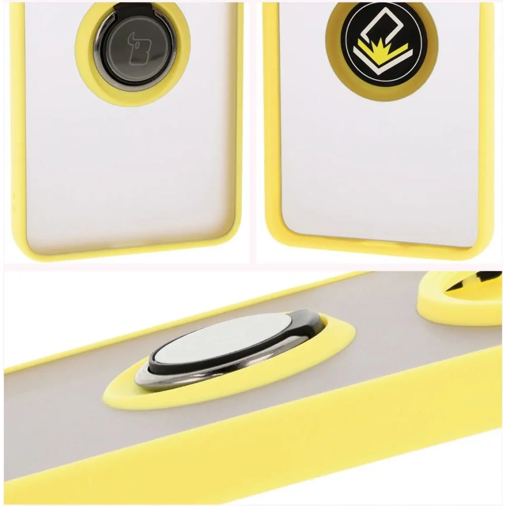 Etui z uchwytem na palec Bizon Case Hybrid Ring do Xiaomi Redmi 14C 4G / POCO C75 przydymione z żółtą ramką