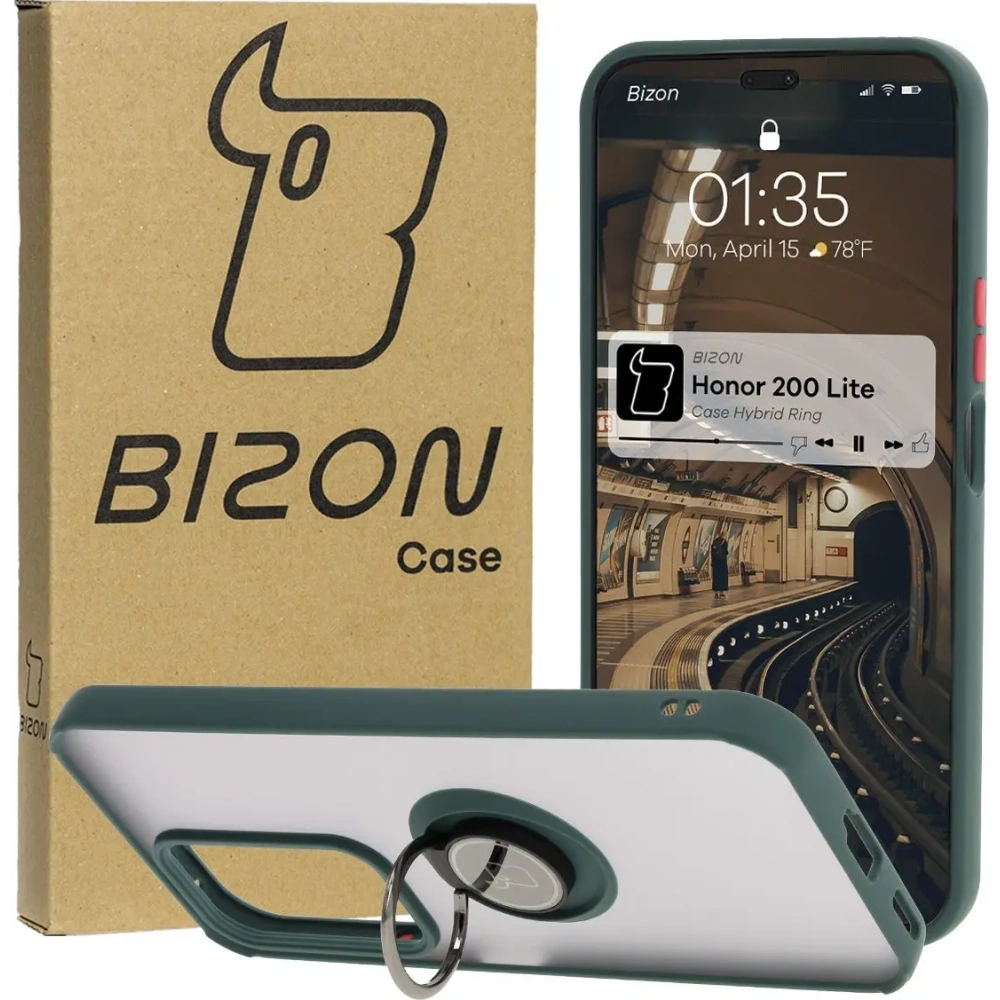 Etui z uchwytem na palec Bizon Case Hybrid Ring do Honor 200 Lite przydymione z ciemnozieloną ramką