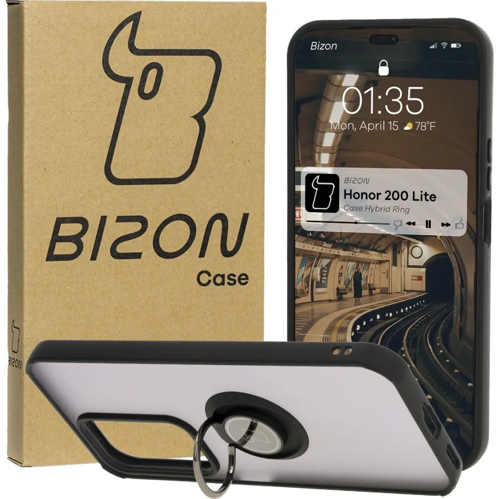 Etui z uchwytem na palec Bizon Case Hybrid Ring do Honor 200 Lite przydymione z czarną ramką
