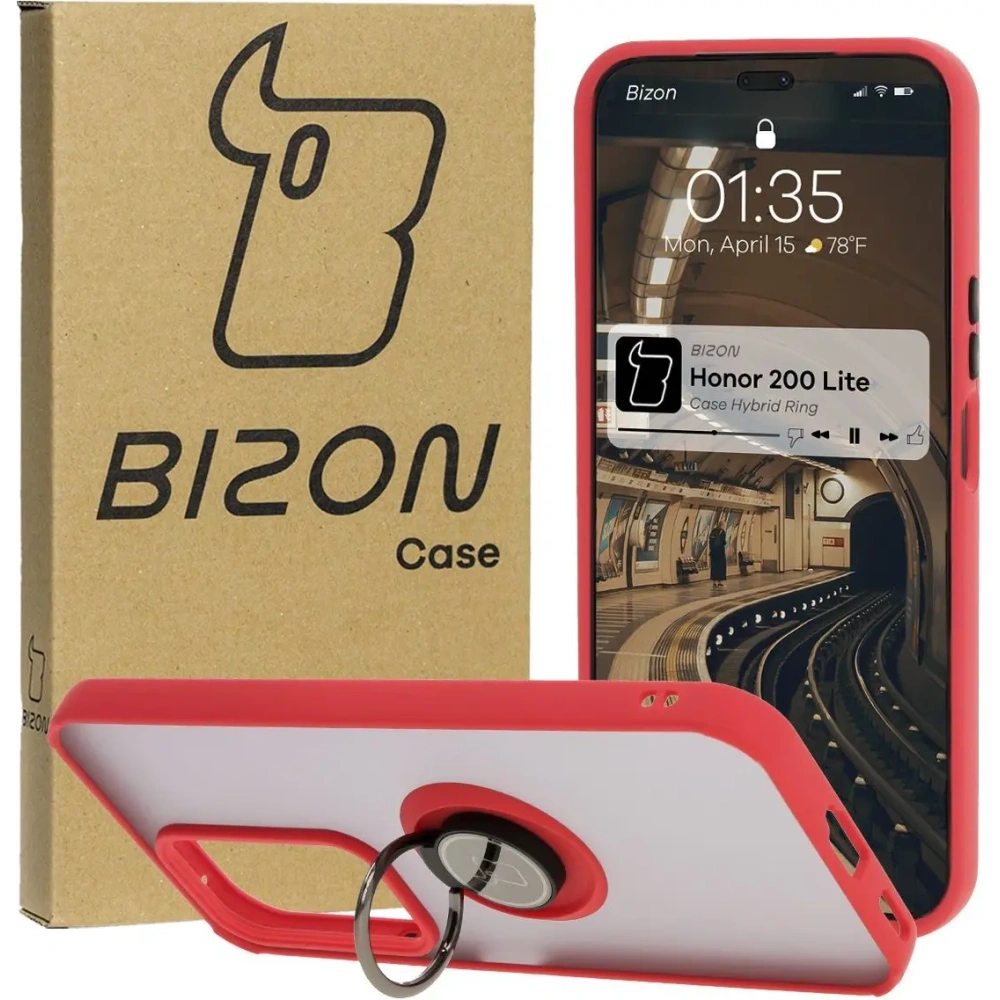 Etui z uchwytem na palec Bizon Case Hybrid Ring do Honor 200 Lite przydymione z czerwoną ramką