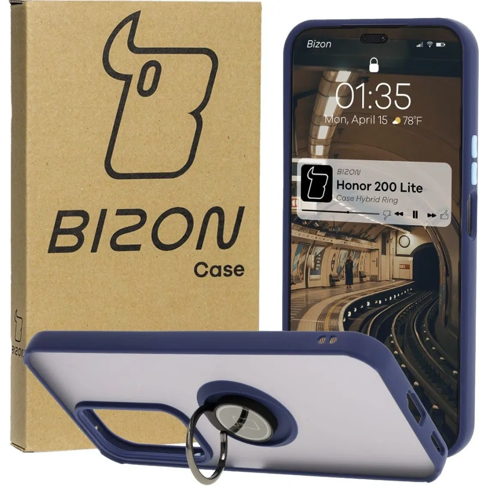 Etui z uchwytem na palec Bizon Case Hybrid Ring do Honor 200 Lite przydymione z granatową ramką