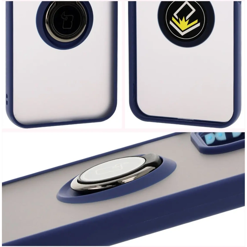 Etui z uchwytem na palec Bizon Case Hybrid Ring do Honor 200 Lite przydymione z granatową ramką