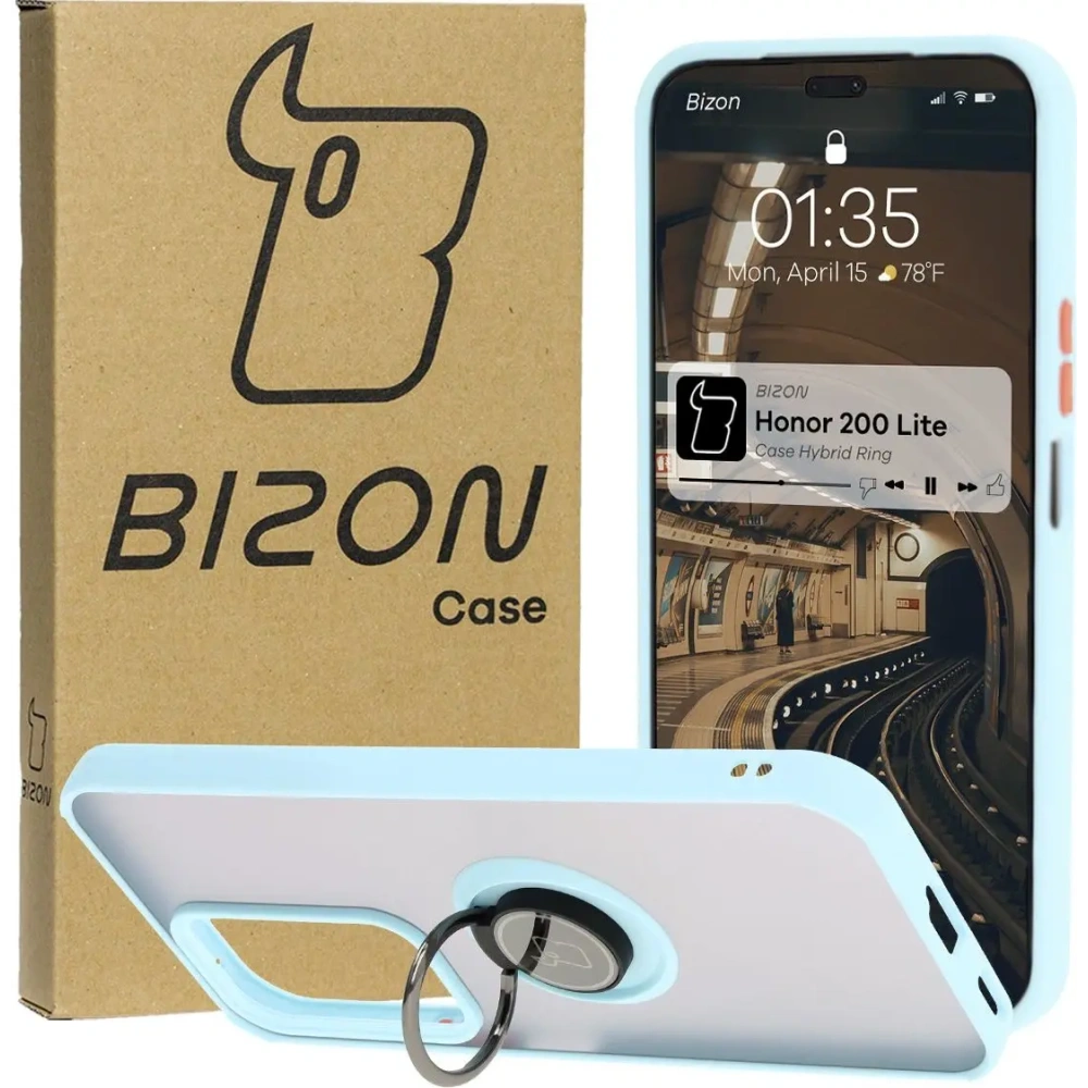 Etui z uchwytem na palec Bizon Case Hybrid Ring do Honor 200 Lite przydymione z jasnoniebieską ramką