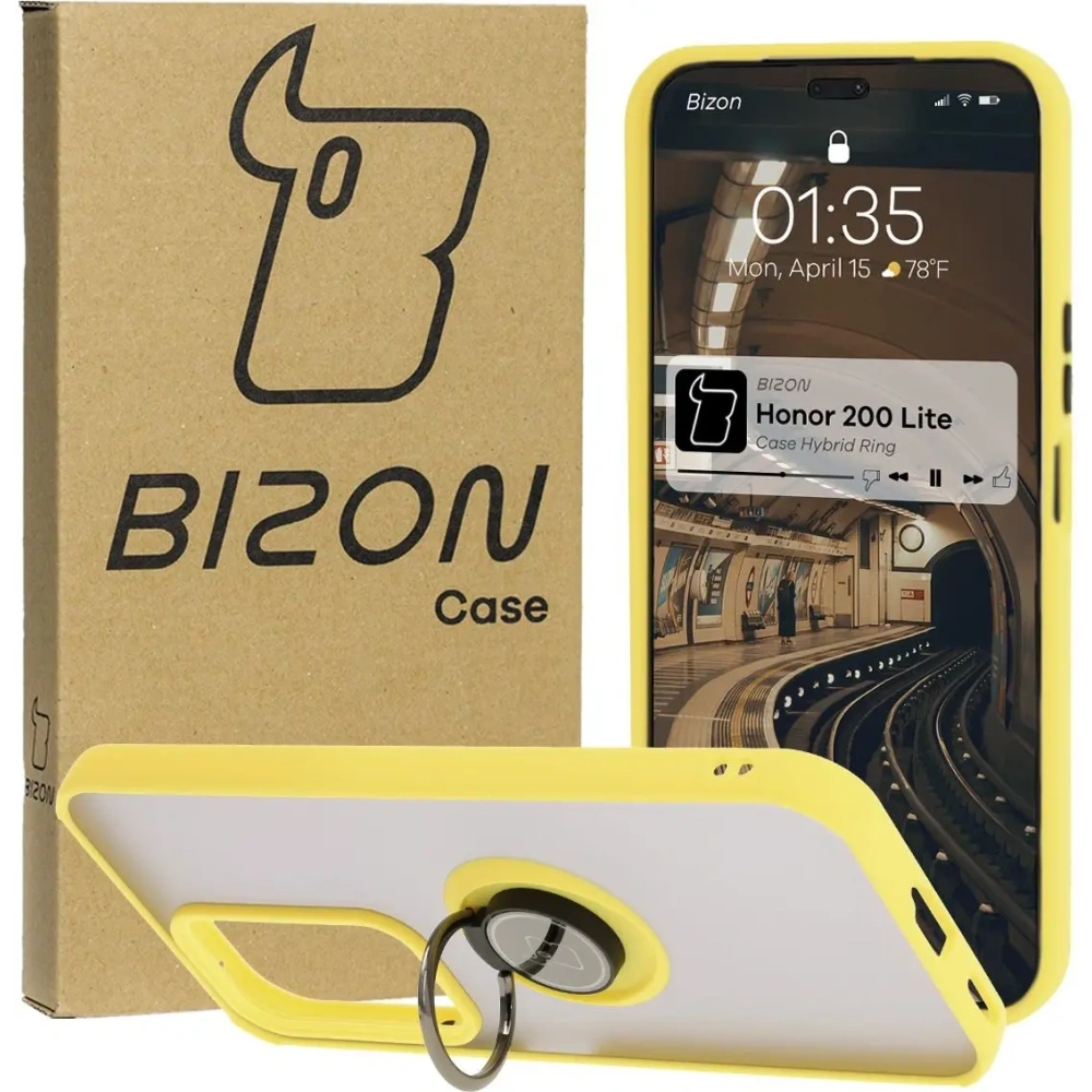 Etui z uchwytem na palec Bizon Case Hybrid Ring do Honor 200 Lite przydymione z żółtą ramką