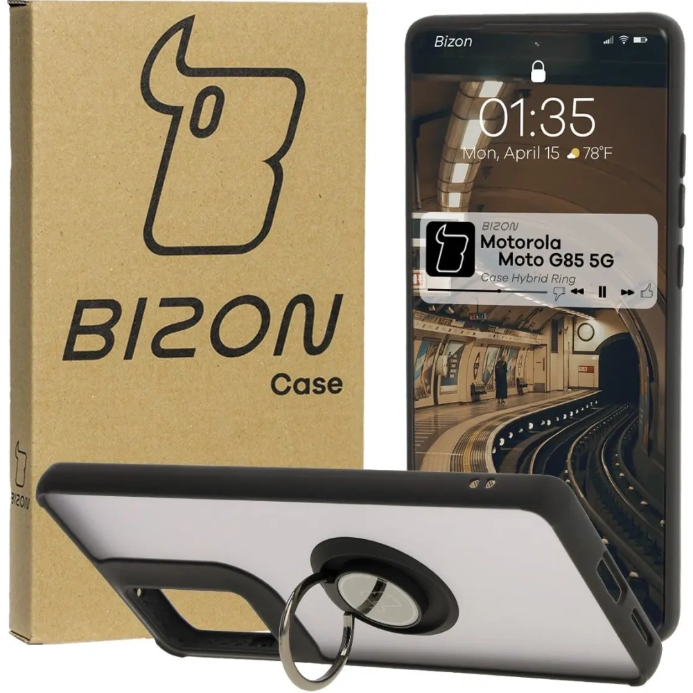 Etui z uchwytem na palec Bizon Case Hybrid Ring do Motorola Moto G85 5G przydymione z czarną ramką