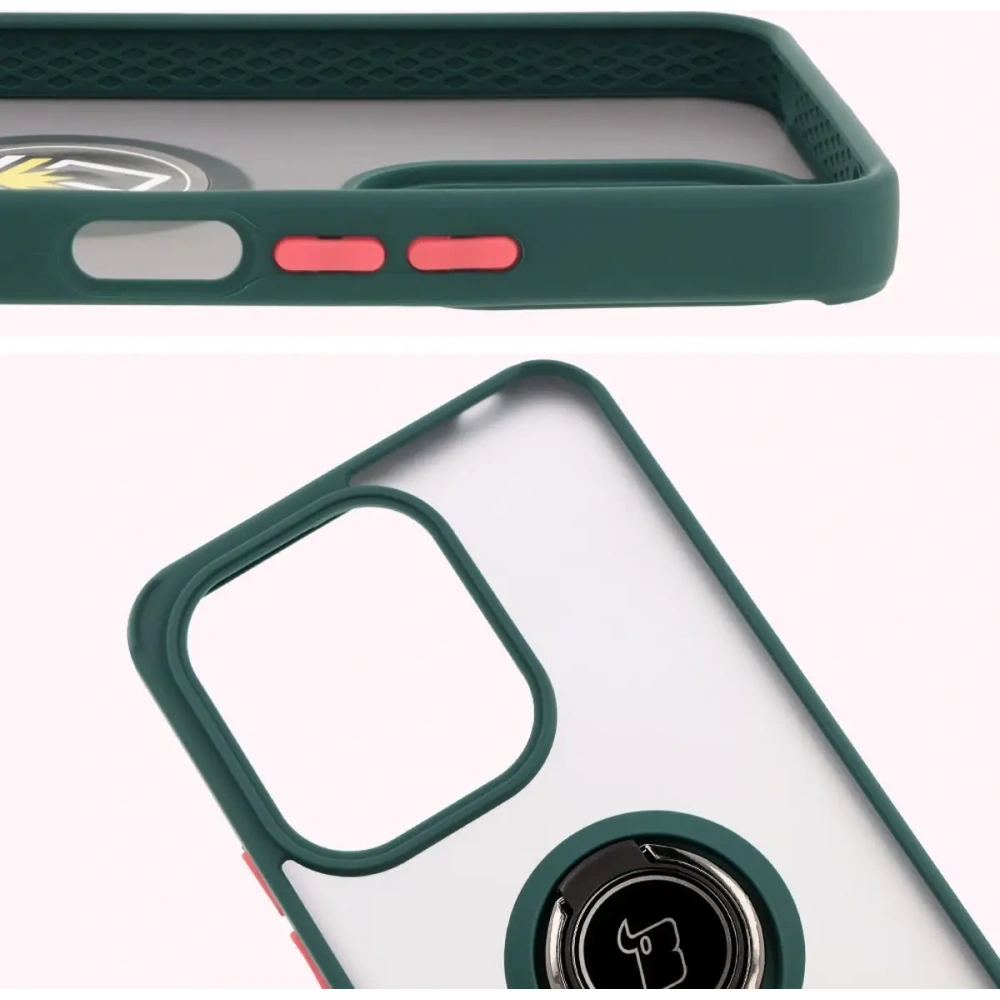 Etui z uchwytem na palec Bizon Case Hybrid Ring do Xiaomi Redmi 13 4G przydymione z ciemnozieloną ramką