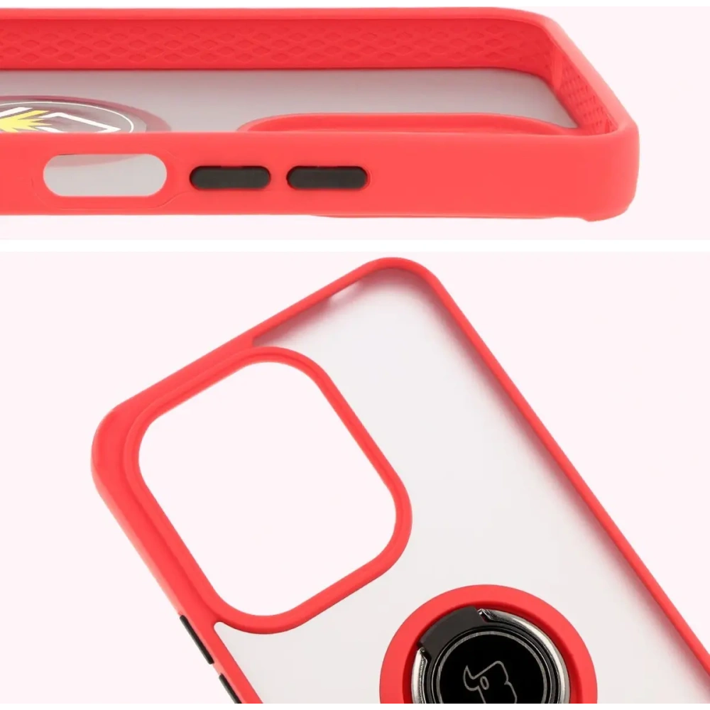 Etui z uchwytem na palec Bizon Case Hybrid Ring do Xiaomi Redmi 13 4G przydymione z czerwoną ramką