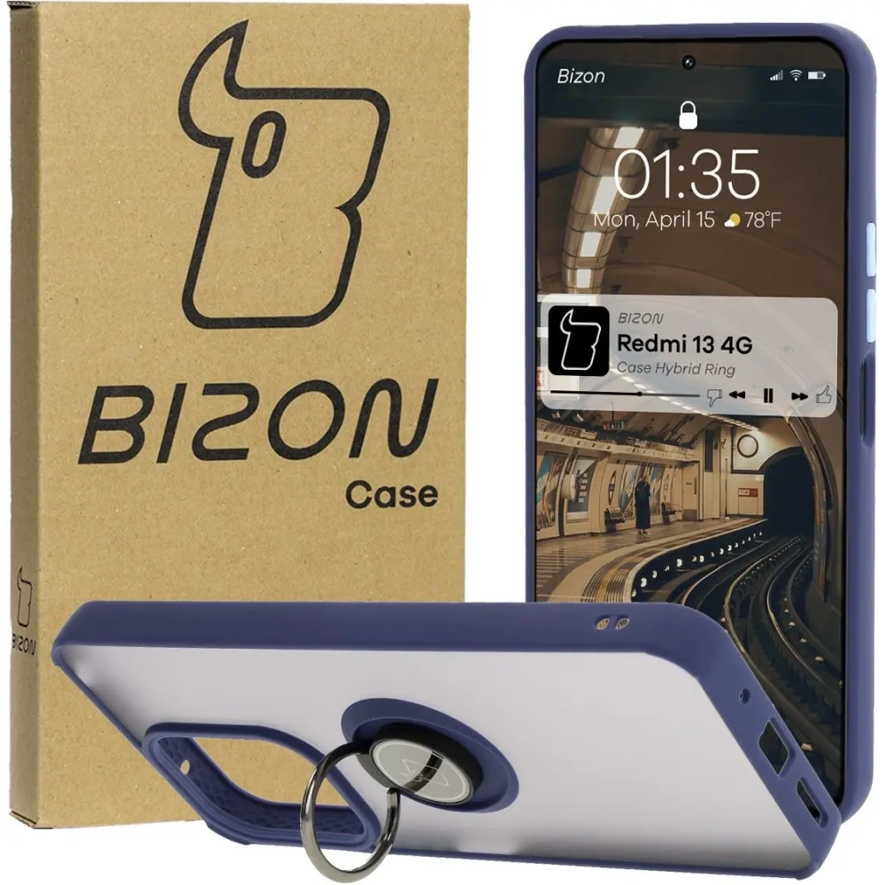 Etui z uchwytem na palec Bizon Case Hybrid Ring do Xiaomi Redmi 13 4G przydymione z granatową ramką