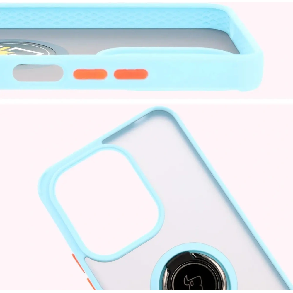 Etui z uchwytem na palec Bizon Case Hybrid Ring do Xiaomi Redmi 13 4G przydymione z jasnoniebieską ramką