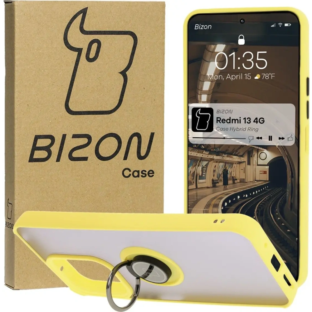 Etui z uchwytem na palec Bizon Case Hybrid Ring do Xiaomi Redmi 13 4G przydymione z żółtą ramką