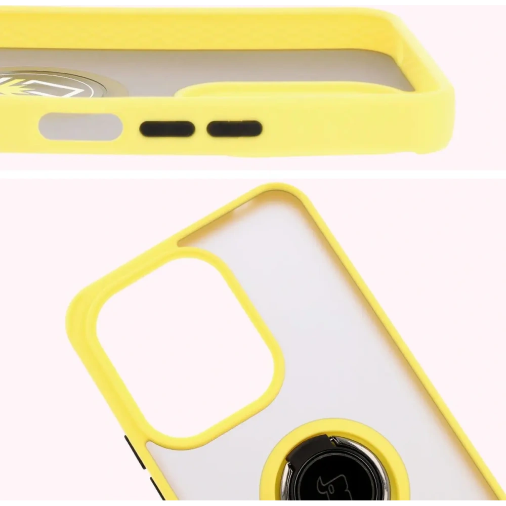 Etui z uchwytem na palec Bizon Case Hybrid Ring do Xiaomi Redmi 13 4G przydymione z żółtą ramką