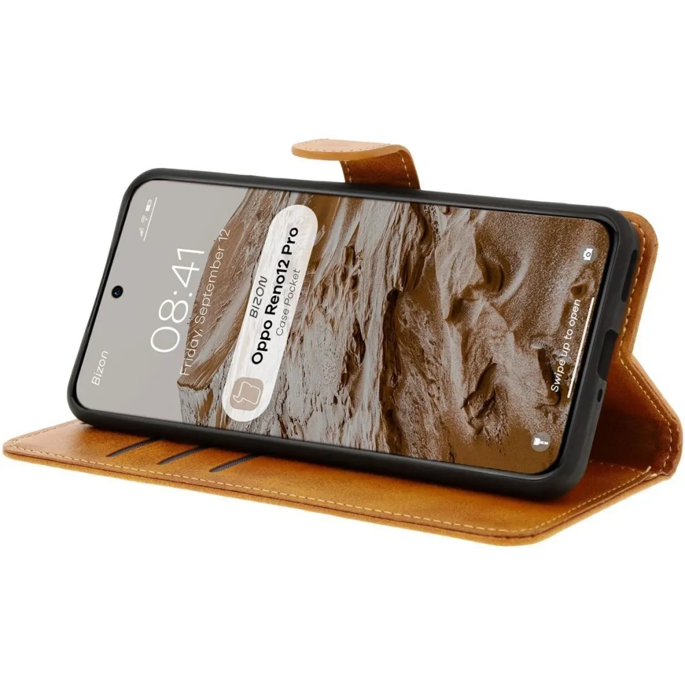 Etui z klapką Bizon Case Pocket do Oppo Reno 12 Pro brązowe