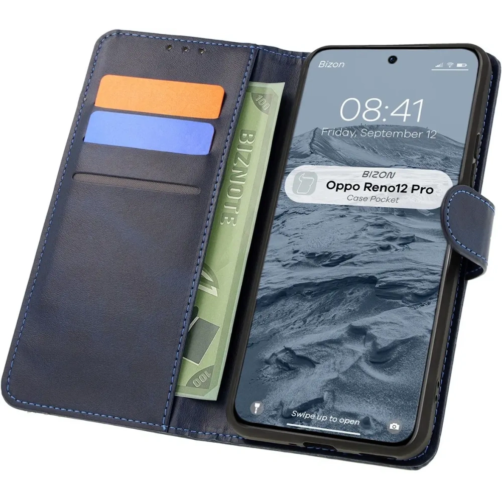Etui z klapką Bizon Case Pocket do Oppo Reno 12 Pro granatowe