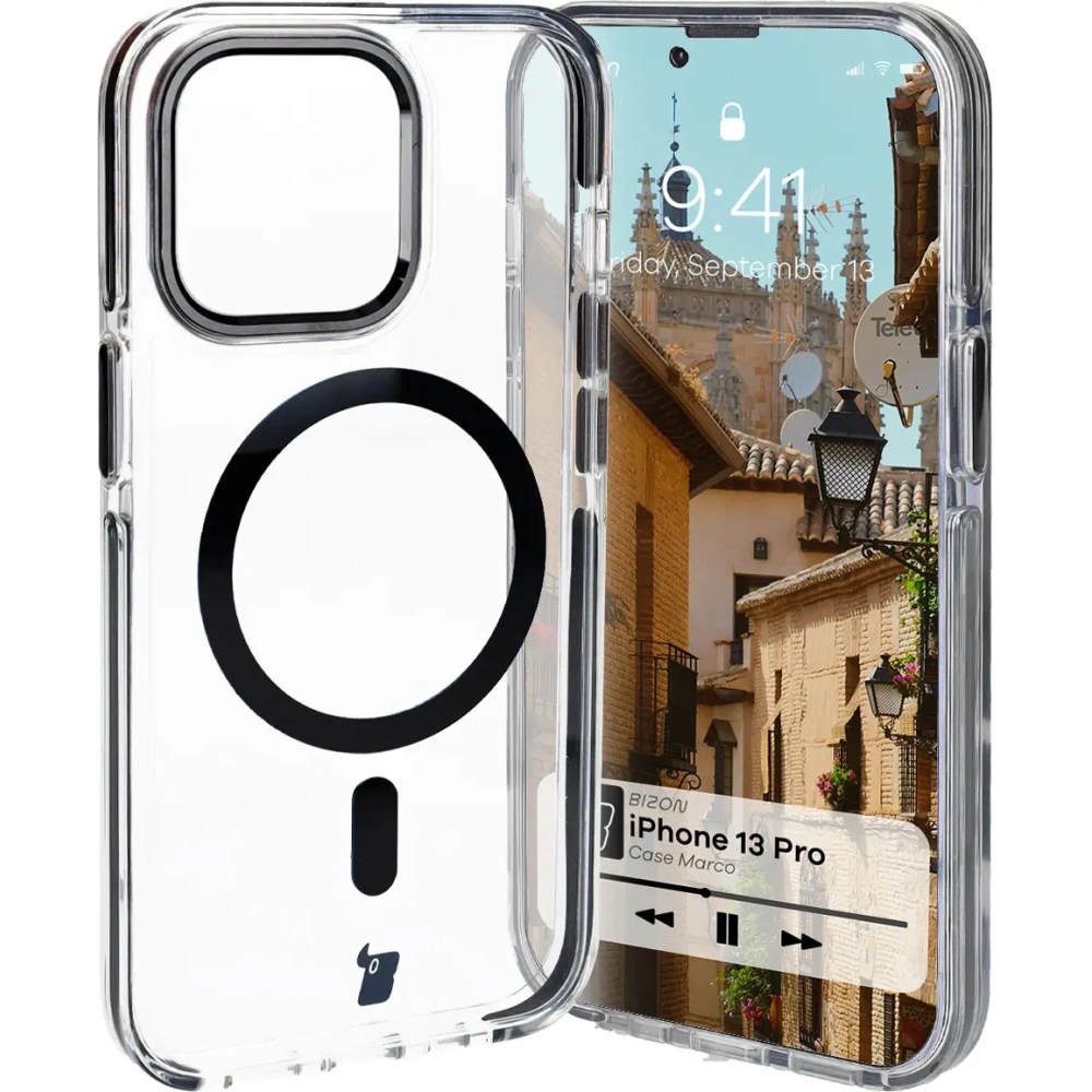 Etui z pierścieniem magnetycznym Bizon Case Marco do Apple iPhone 13 Pro przezroczyste z czarną ramką