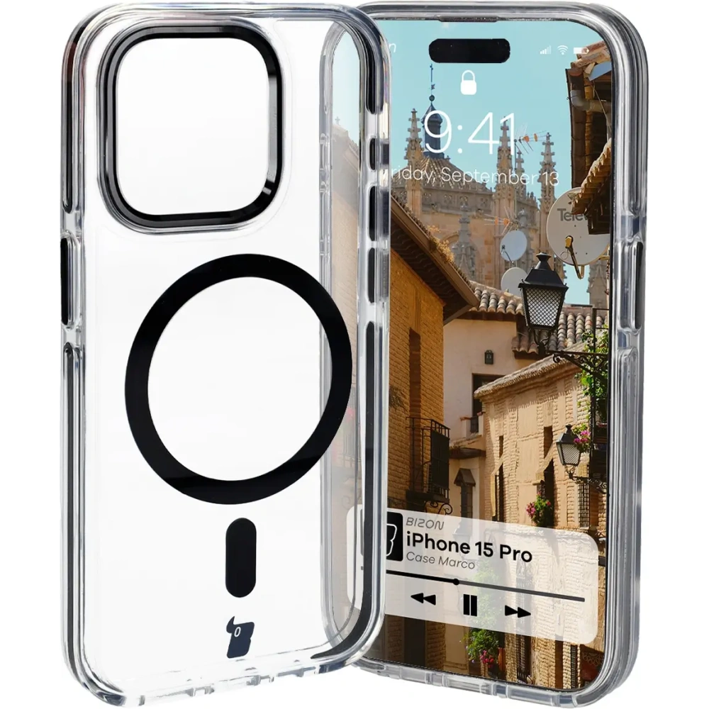 Etui z pierścieniem magnetycznym Bizon Case Marco do Apple iPhone 15 Pro przezroczyste z czarną ramką
