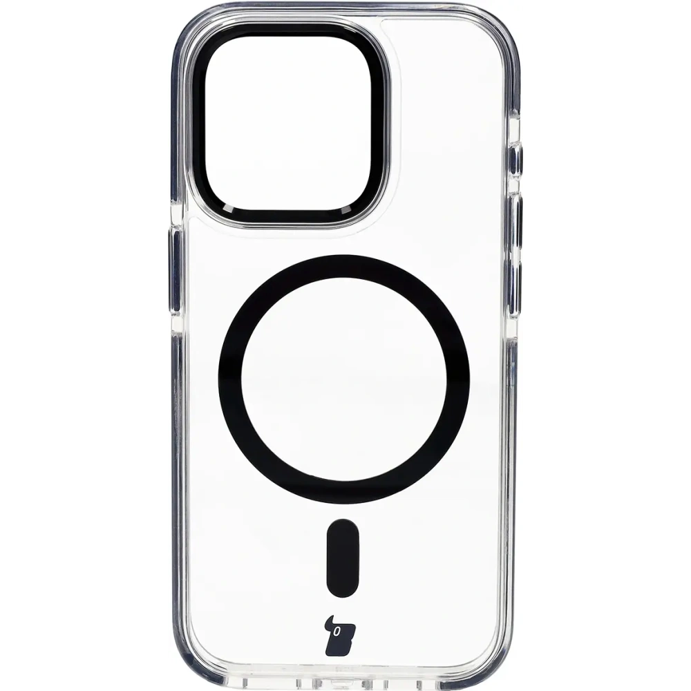 Etui z pierścieniem magnetycznym Bizon Case Marco do Apple iPhone 15 Pro przezroczyste z czarną ramką