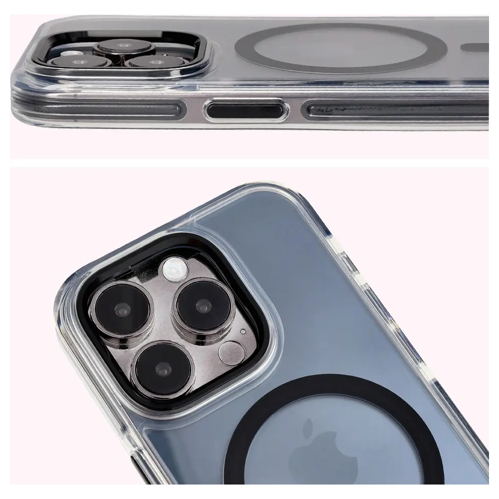 Etui z pierścieniem magnetycznym Bizon Case Marco do Apple iPhone 15 Pro przezroczyste z czarną ramką