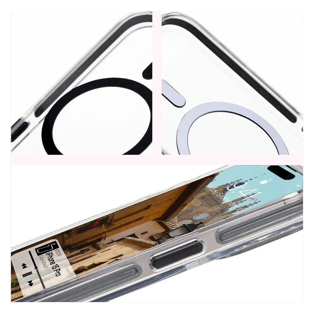 Etui z pierścieniem magnetycznym Bizon Case Marco do Apple iPhone 15 Pro przezroczyste z czarną ramką