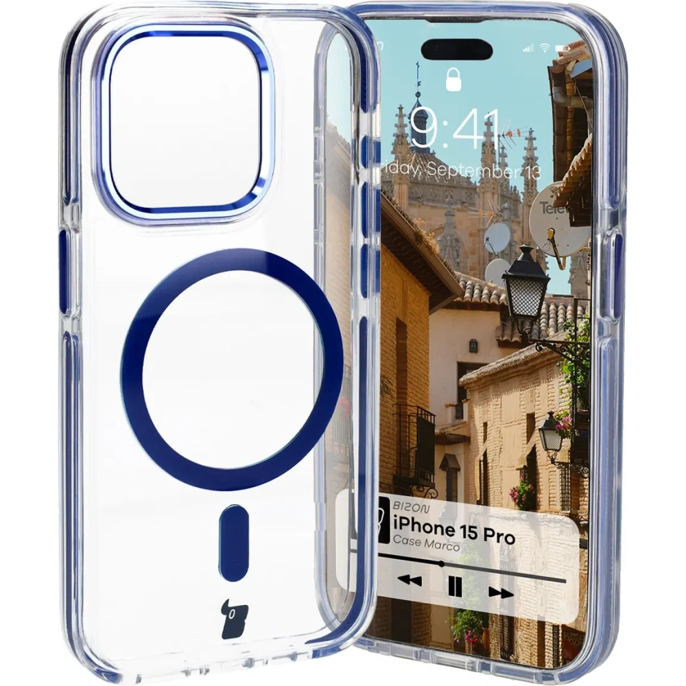 Etui z pierścieniem magnetycznym Bizon Case Marco do Apple iPhone 15 Pro przezroczyste z niebieską ramką
