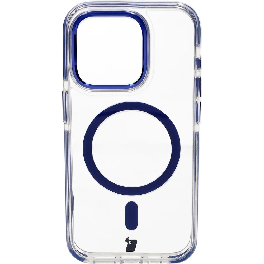Etui z pierścieniem magnetycznym Bizon Case Marco do Apple iPhone 15 Pro przezroczyste z niebieską ramką
