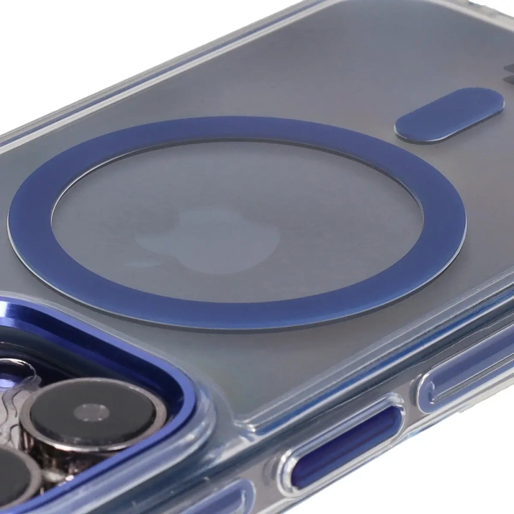 Etui z pierścieniem magnetycznym Bizon Case Marco do Apple iPhone 15 Pro przezroczyste z niebieską ramką