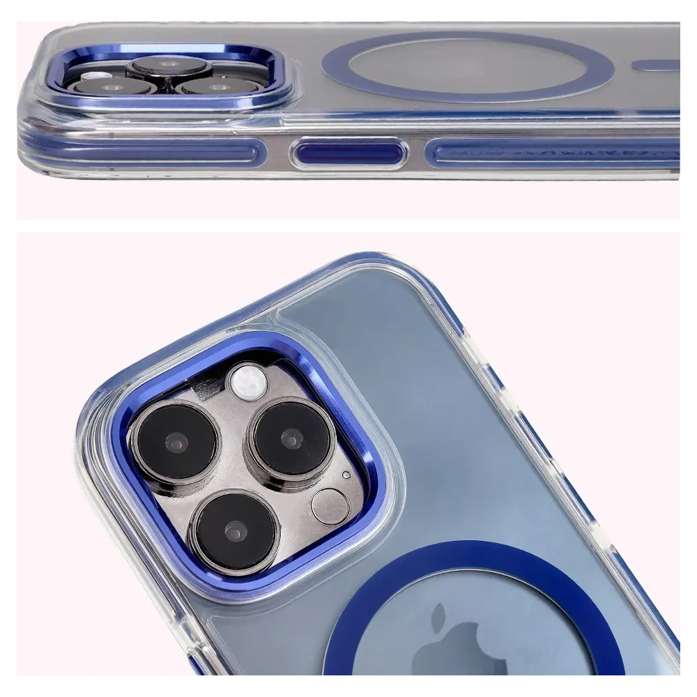 Etui z pierścieniem magnetycznym Bizon Case Marco do Apple iPhone 15 Pro przezroczyste z niebieską ramką