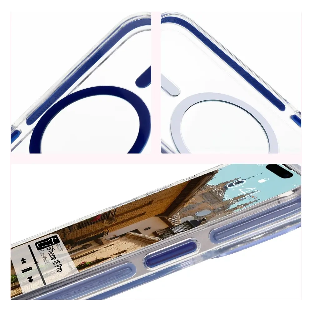 Etui z pierścieniem magnetycznym Bizon Case Marco do Apple iPhone 15 Pro przezroczyste z niebieską ramką