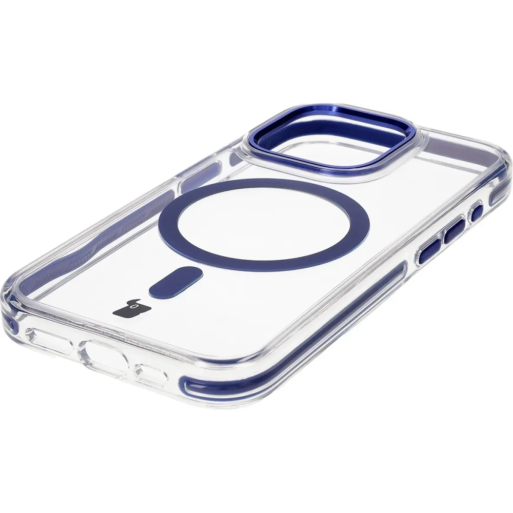 Etui z pierścieniem magnetycznym Bizon Case Marco do Apple iPhone 15 Pro przezroczyste z niebieską ramką