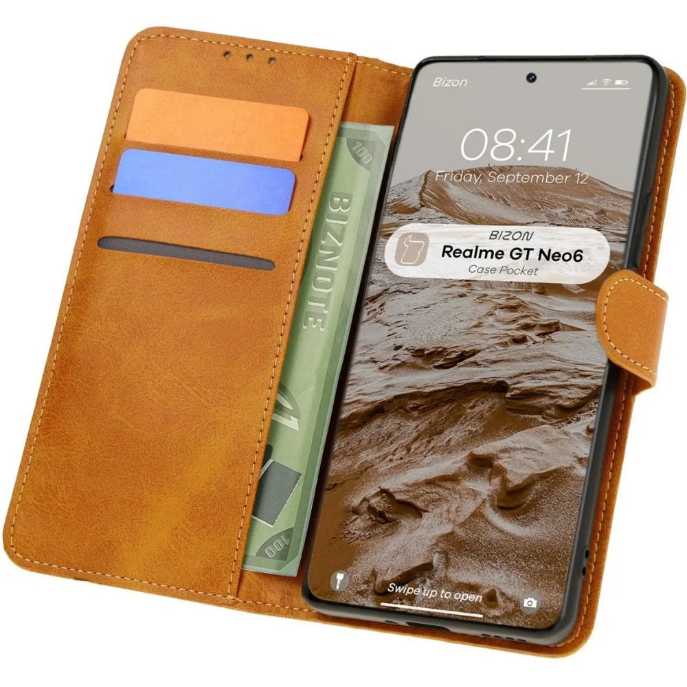 Etui z klapką Bizon Case Pocket do Realme GT 6 / 6T / Neo 6 / Neo 6 SE brązowe