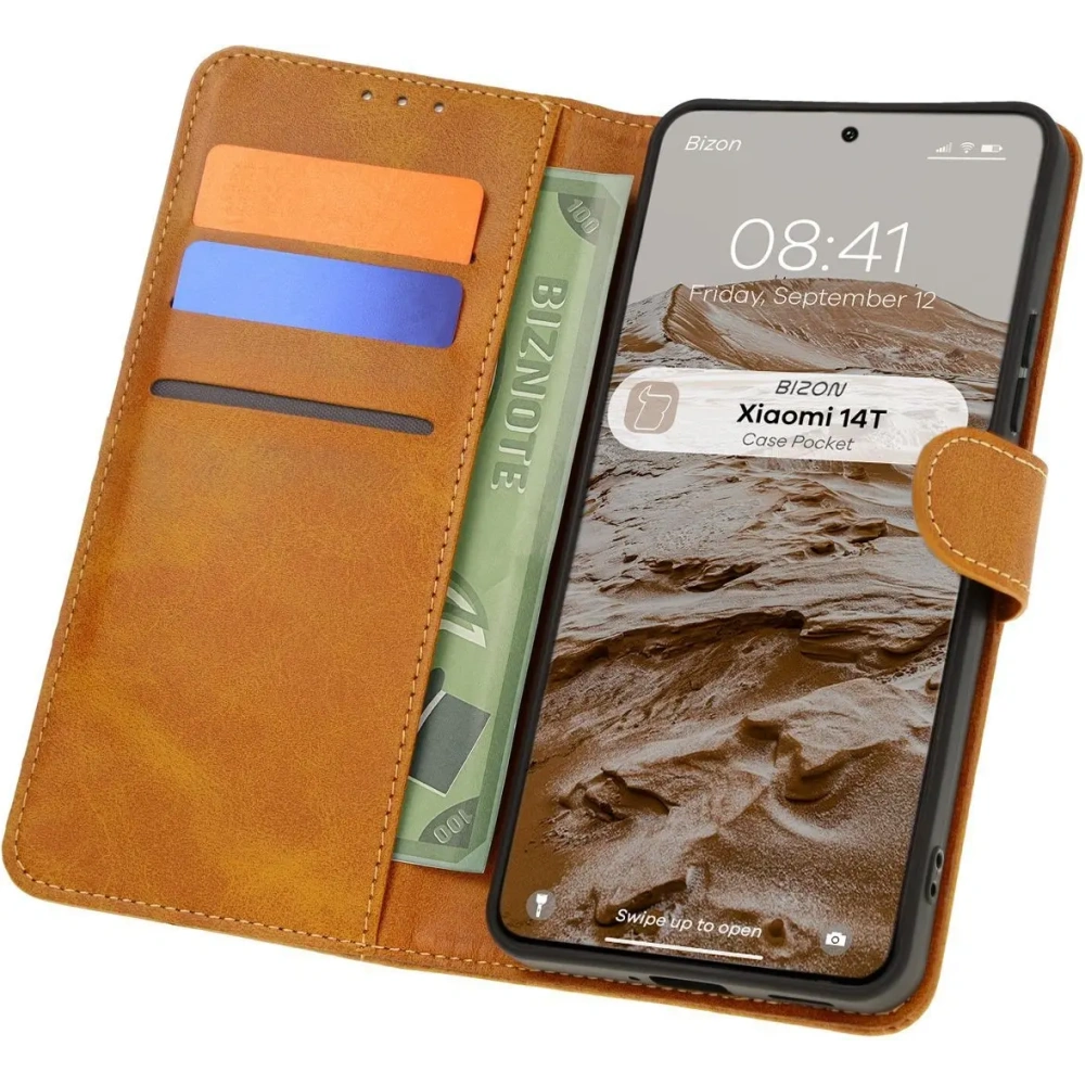 Etui z klapką Bizon Case Pocket do Xiaomi 14T brązowe