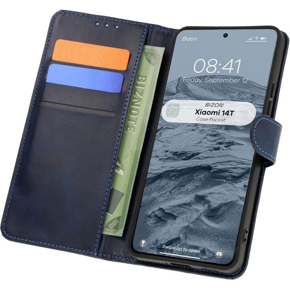 Etui z klapką Bizon Case Pocket do Xiaomi 14T granatowe
