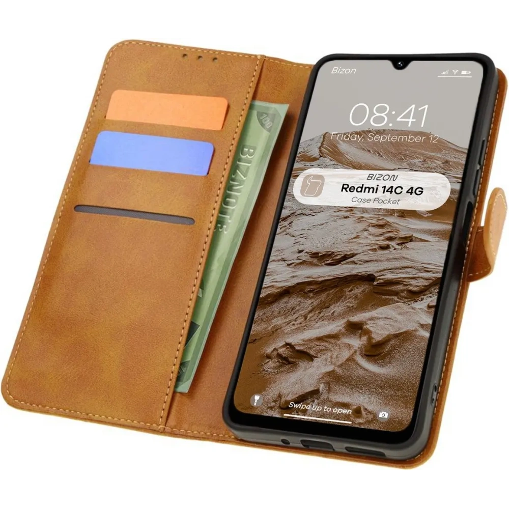 Etui z klapką Bizon Case Pocket do Xiaomi Redmi 14C 4G brązowe