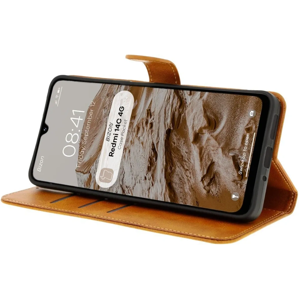 Etui z klapką Bizon Case Pocket do Xiaomi Redmi 14C 4G brązowe