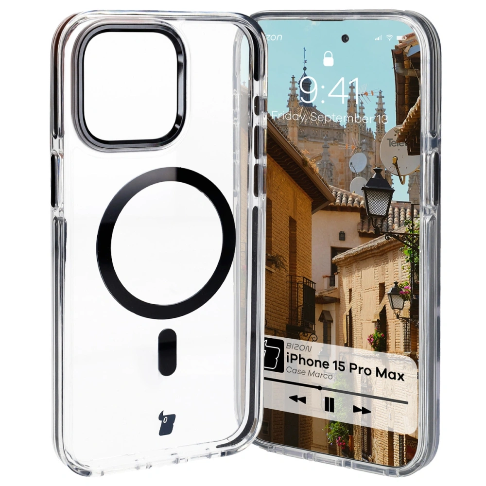 Etui z pierścieniem magnetycznym Bizon Case Marco do Apple iPhone 15 Pro Max przezroczyste z czarną ramką
