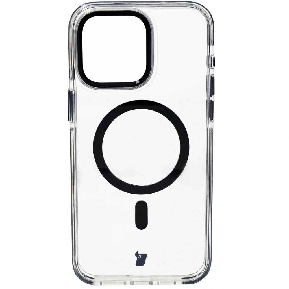 Etui z pierścieniem magnetycznym Bizon Case Marco do Apple iPhone 15 Pro Max przezroczyste z czarną ramką