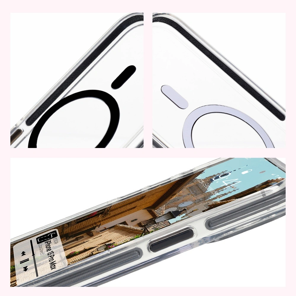 Etui z pierścieniem magnetycznym Bizon Case Marco do Apple iPhone 15 Pro Max przezroczyste z czarną ramką