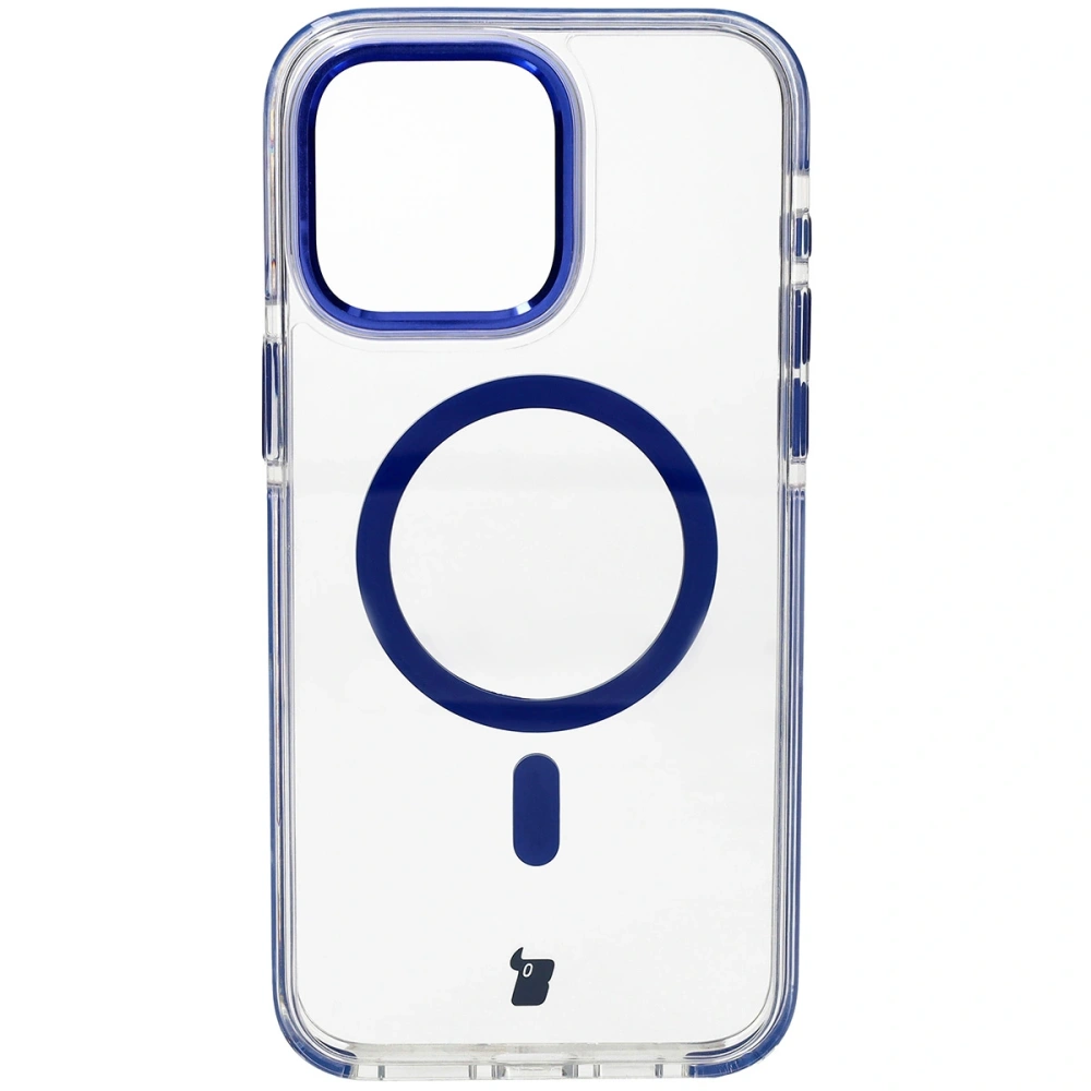 Etui z pierścieniem magnetycznym Bizon Case Marco do Apple iPhone 15 Pro Max przezroczyste z niebieską ramką
